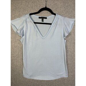 White House Black Market Womens Blue Ruffle Sleeve V-Neck T-Shirt Medium